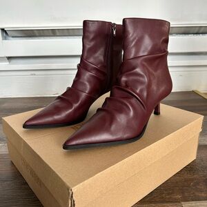 Brand New Oxblood Red Liquid Leather Pointed Toe Kitten Heel Booties